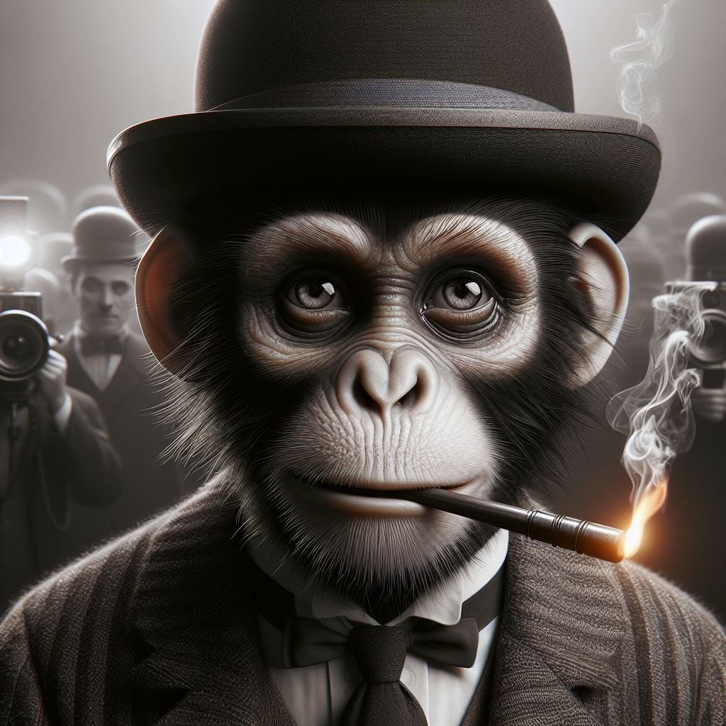 A realistic monkey characterized as Chaplin in Modern Times