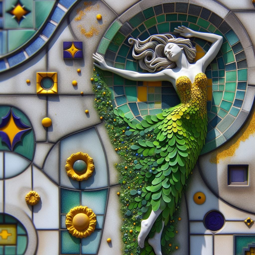 Hyper realistic; tilt shift; Lensbaby Effect.female cosmopolitan MANNEQUIN STATUE OF soapstone merging Quatrefoil on wall: mannequin is dancing in tiny moringa leaf green and yellow dress. one with prussian blue Gothic Tracery: Louver yellow and chartreuse decorative ceiling tiles. gold and purple-grey and green details .woman merges into the Hundertwasserhaus, Vienna, Austria:  her body partly embedded in wall. scattered GLITTER. sunny sky, fluffy clouds.  radiant. Neon