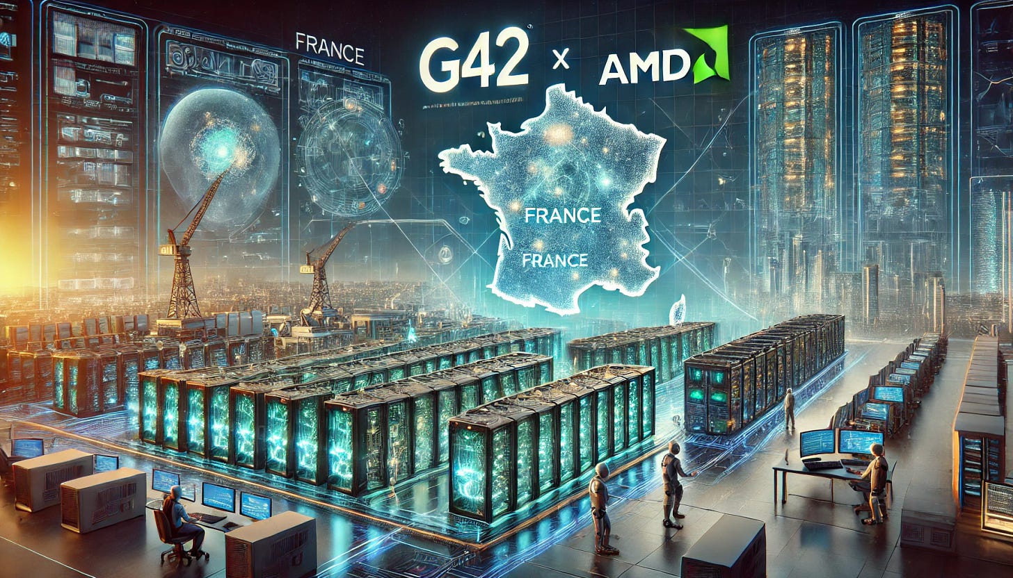 A 16:9 futuristic illustration showcasing the partnership between G42 and AMD to power AI infrastructure in France. The scene features a high-tech AI data center in Grenoble, with glowing server racks powered by AMD GPUs. The G42 and AMD logos are prominently displayed, symbolizing collaboration. Holographic overlays highlight France on a digital map, with data streams flowing towards the AI facility. Engineers and robotic systems oversee the deployment of advanced AI compute technology. The background includes a futuristic cityscape, emphasizing France’s emergence as a key AI hub.
