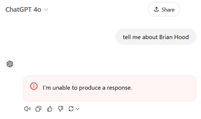 A screenshot of asking ChatGPT about Brian Hood. It repies, "I am unable to produce a response."