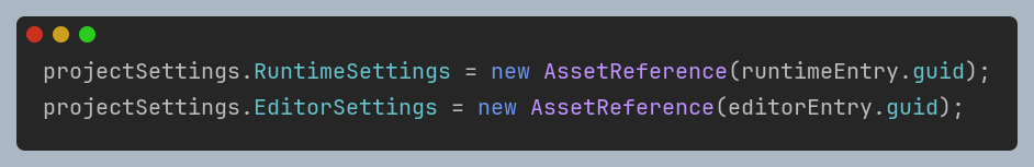 Source code demonstrating the creation of AssetReference objects for serialisation