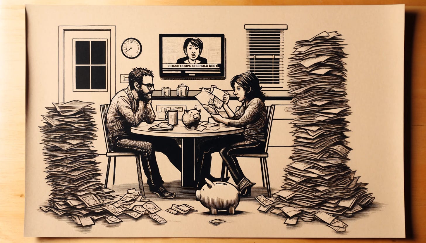 A black and white hand-drawn illustration on a sepia-toned background depicting a modern American family sitting at their kitchen table surrounded by a pile of bills. The parents appear stressed, discussing their finances, while a child brings a piggy bank to the table, symbolizing an innocent attempt to help. In the background, a TV shows a news report about household debt. The scene captures a contemporary family in a moment of financial strain, with simple line work and no shading, on slightly textured, sepia-toned paper to enhance the feeling of a personal, intimate struggle.