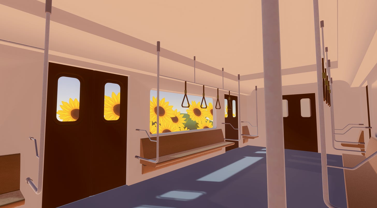 The interior of a subway car with a blue floor and brown seats and doors. Through the windows are large yellow sunflowers.