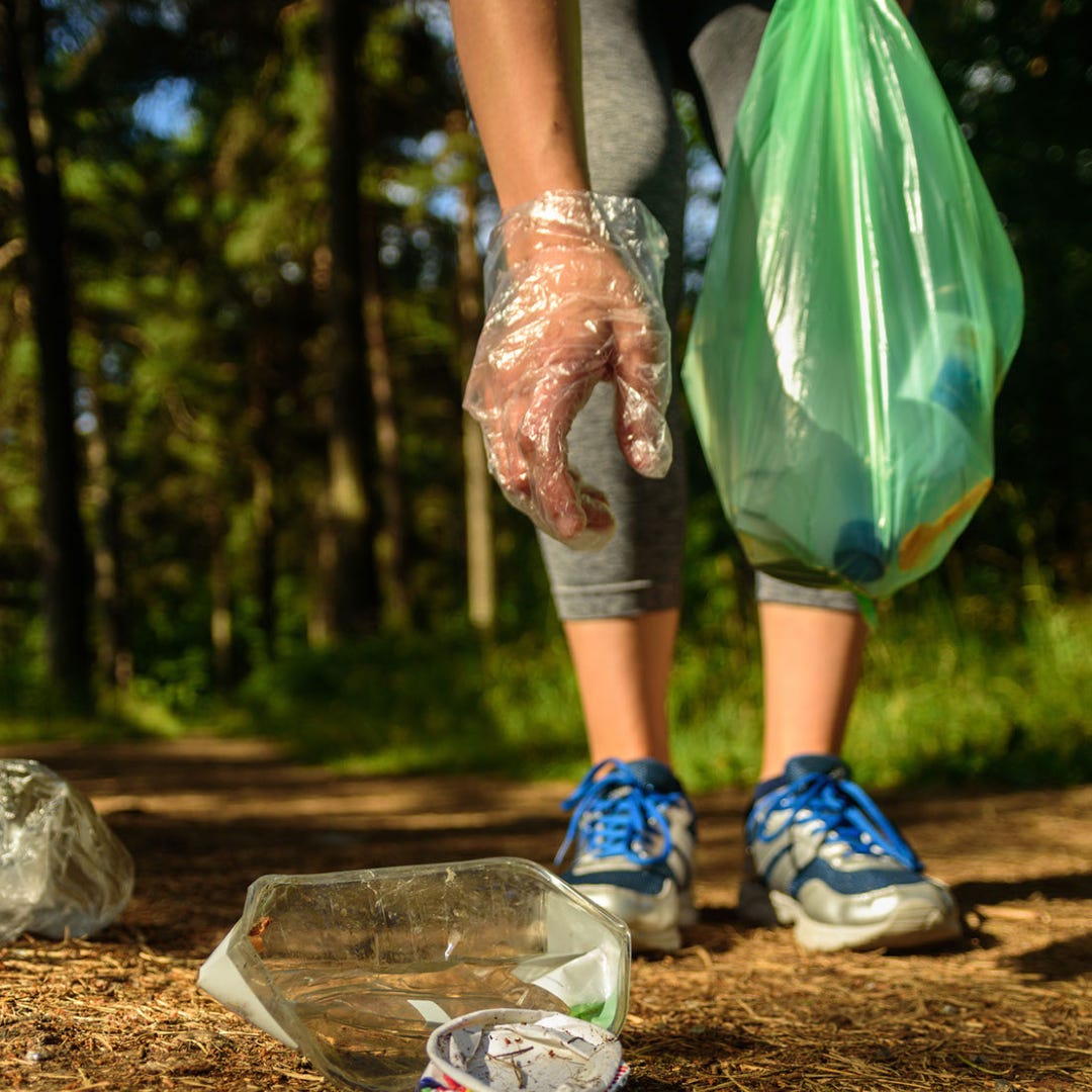 Person plogging, foraging for trash in the woods