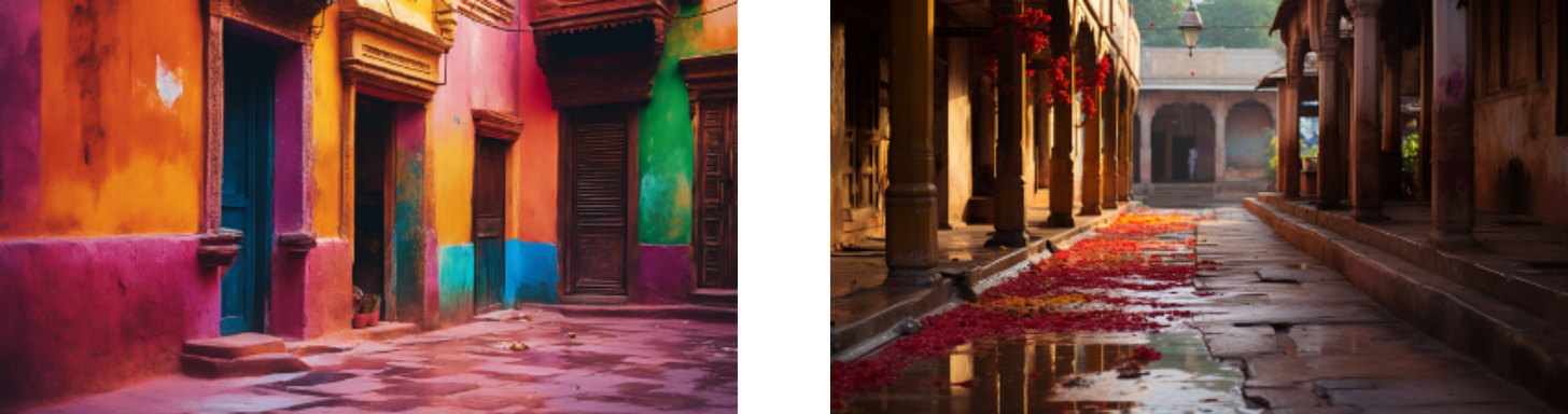 The images showcase tranquil scenes from what appears to be an Indian locality. The first image is a colorful alleyway with bright, painted walls in shades of orange, purple, and turquoise, leading to an open doorway. The ground, speckled with petals and the shadows of overhead cables, adds a sense of everyday life. The second picture captures a corridor with a series of arches, adorned with strings of marigolds and petals strewn across the wet ground, suggesting a pathway used in a ceremony or daily ritual. The sunlight filtering through the arches casts a warm glow, creating a peaceful and reflective atmosphere. Both images are steeped in the cultural richness and architectural beauty that is characteristic of Indian heritage sites.