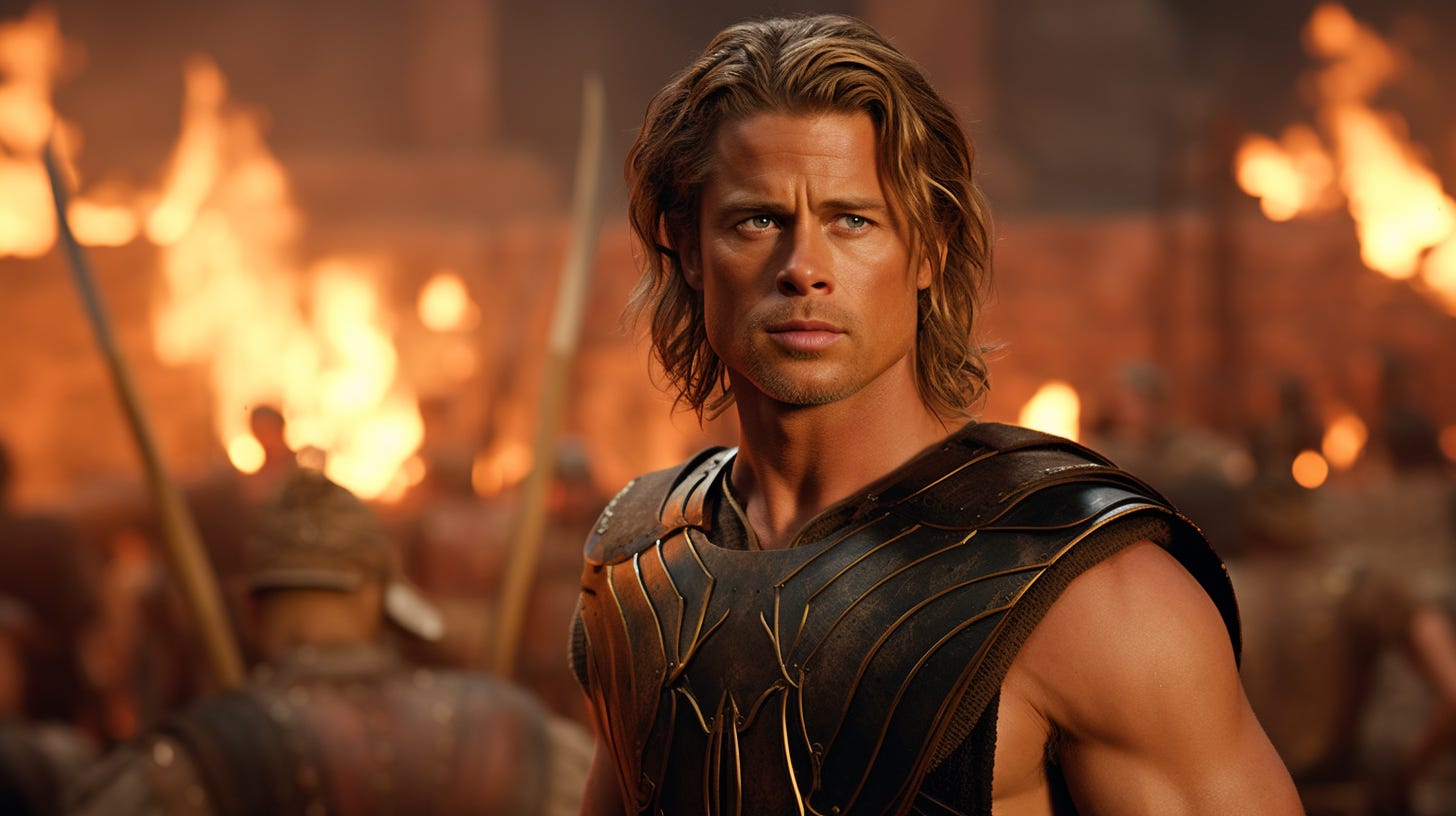 Brad Pitt as Achilles in a movie still