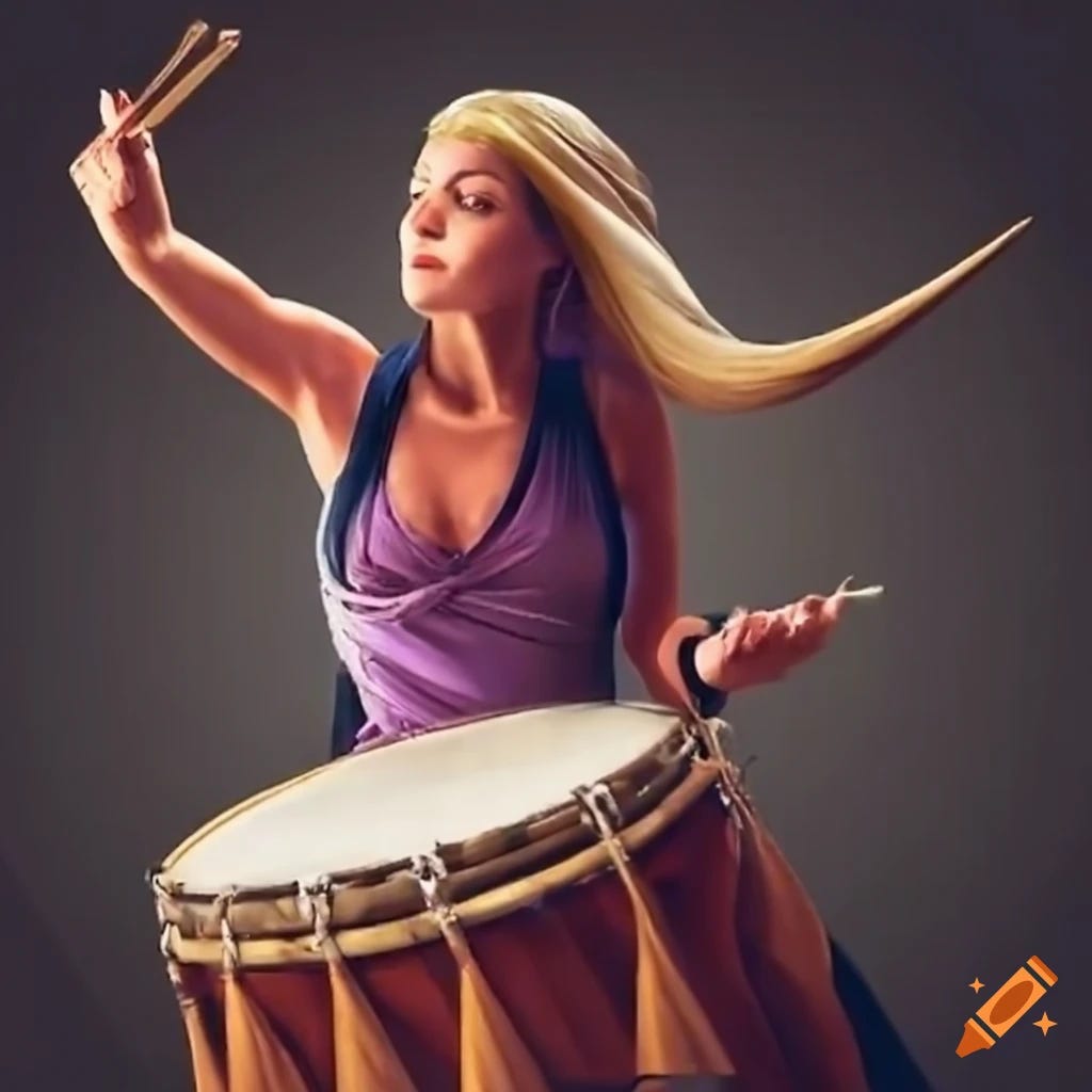 college woman beating a drum