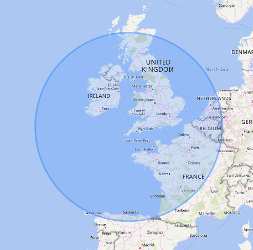 A map of a 500 mile radius over Falmouth Cornwall, covering most of France and all of Belgium, also England, Ireland, and some of Scotland.