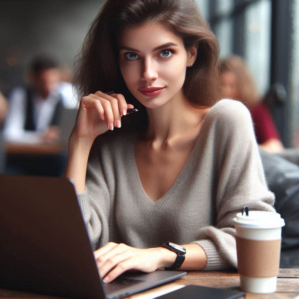 A  woman author working on her laptop in a coffee shop looks at the viewer. Photorealistic.