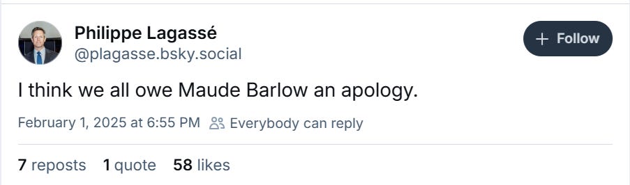 Bluesky post from Carleton professor Philippe Lagasse, "I think we all owe Maude Barlow an apology." Maude Barlow was co-chair of the coalition against the first Canada-US free trade agreement. Bluesky post from Carleton professor Philippe Lagasse, "I think we all owe Maude Barlow an apology." Maude Barlow was co-chair of the coalition against the first Canada-US free trade agreement.