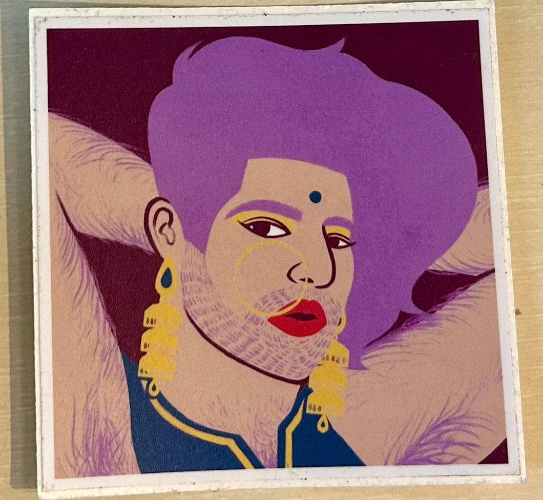 A sticker of ALOK's image: Lavender hair on head and arms and brows and beard, bright red lips, gold and turquoise earrings