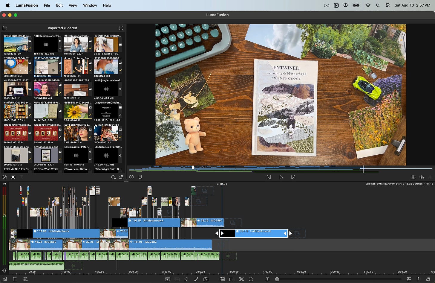 Screenshot of video editing. Lots of little clips and an image of the book on a desk with typewriter and collage clippings, hot wheels car, and teddy bear.