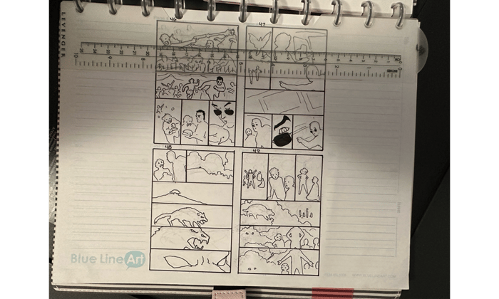 A page showcasing four pages of the graphic novel in thumbnail form.