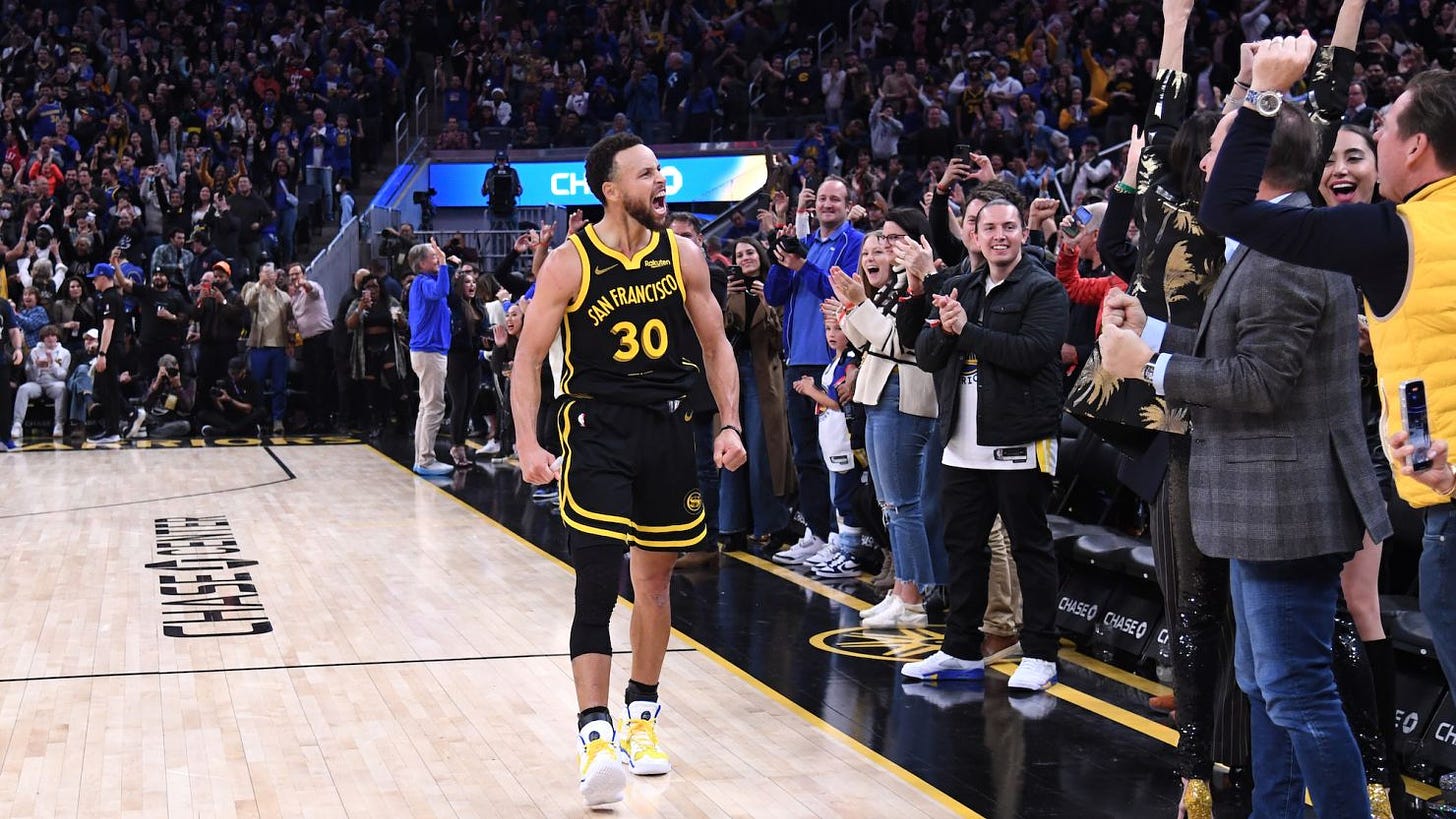 SAN FRANCISCO, CA - DECEMBER 16: Stephen Curry #30 of the Golden State Warriors celebrates after the game against the Brooklyn Nets on December 16, 2023 at Chase Center in San Francisco, California. NOTE TO USER: User expressly acknowledges and agrees that, by downloading and or using this photograph, user is consenting to the terms and conditions of Getty Images License Agreement. Mandatory Copyright Notice: Copyright 2023 NBAE (Photo by Noah Graham/NBAE via Getty Images)