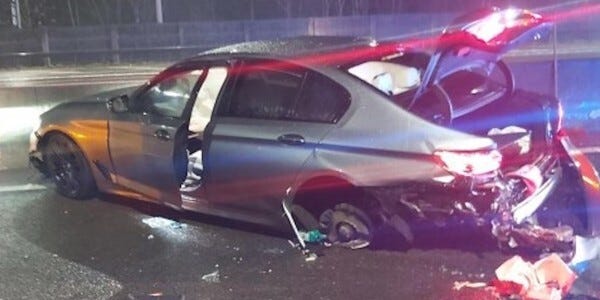 BMW car severely damaged after the collision on M25 at night