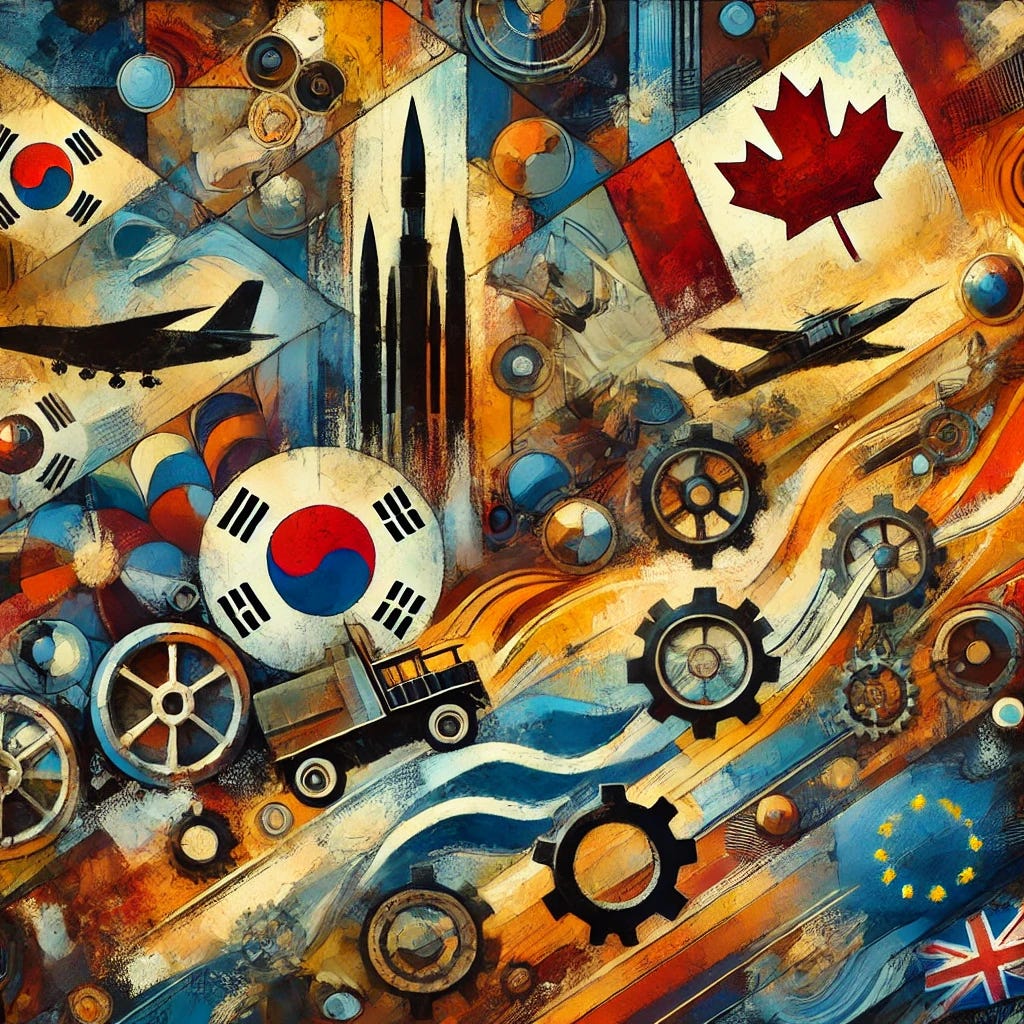 An abstract painting inspired by the shifting global defense industry, emphasizing the rise of Japanese and South Korean armsmakers and growing military cooperation between Canada and the European Union. Use bold, flat shapes and vibrant colors to suggest movement, growth, and realignment. Incorporate layered brushstrokes and contrasting warm and cool tones to express geopolitical complexity and energy. Include hints of industrial and military elements like gears, missiles, or aircraft silhouettes in a highly abstracted form. The composition should be dynamic and spontaneous, with a decorative, two-dimensional feel and visible texture.