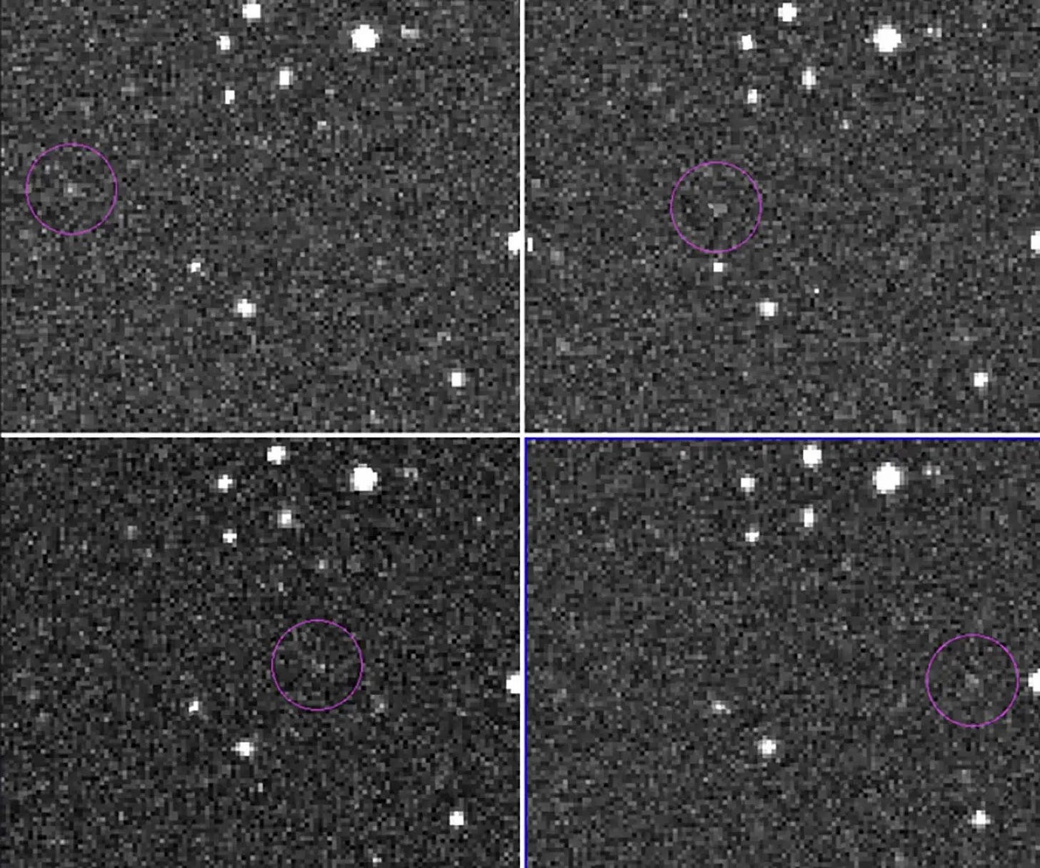 Asteroid CAQTDL2 moving through space within the purple circle (Catalina Sky Survey)