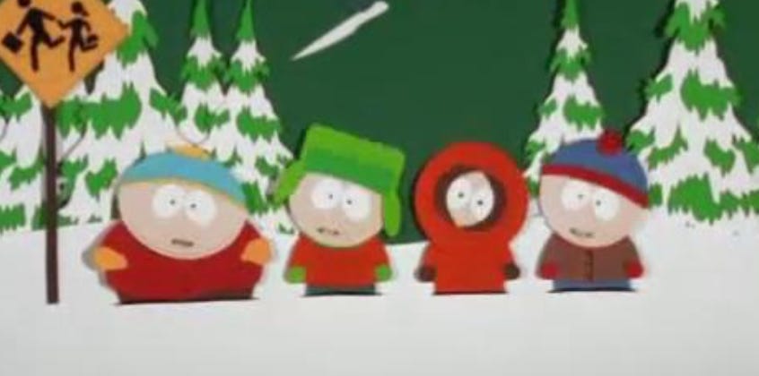 The South Park foursome standing at the bus stop