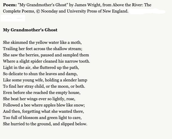 The image displays a poem titled "My Grandmother's Ghost" by James Wright. The text of the poem reads:  "She skimmed the yellow water like a moth, Trailing her feet across the shallow stream; She saw the berries, paused and sampled them Where a slight spider cleaned his narrow tooth. Light in the air, she fluttered up the path, So delicate to shun the leaves and damp, Like some young wife, holding a slender lamp To find her stray child, or the moon, or both. Even before she reached the empty house, She beat her wings ever so lightly, rose, Followed a bee where apples blew like snow; And then, forgetting what she wanted there, Too full of blossom and green light to care, She hurried to the ground, and slipped below."  At the top, the poem is credited to "James Wright," from the collection Above the River: The Complete Poems, published by Noonday and University Press of New England.