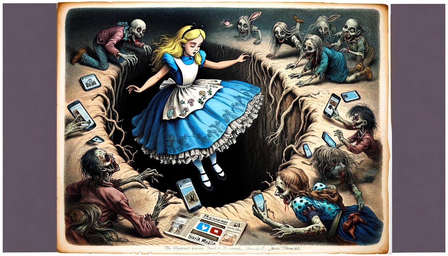 An illustration in the style of John Tenniel, showing Alice from 'Alice in Wonderland' falling into a rabbit hole that leads to a dark world of social media. In this scene, the focus is on making the 'zombie Alices' look even more like the traditional Alice, with clear features like her iconic blue dress and blond hair, but with a subtle, eerie twist to fit the macabre setting. The depiction should closely follow Tenniel’s style, with detailed Victorian line work and gothic elements. Emphasize Alice's familiar characteristics in each of the 'zombie Alices' to ensure they are unmistakably recognizable as variations of Alice, while still blending in the unsettling zombie aspect, capturing the fine details and contrasts typical of Tenniel’s work.