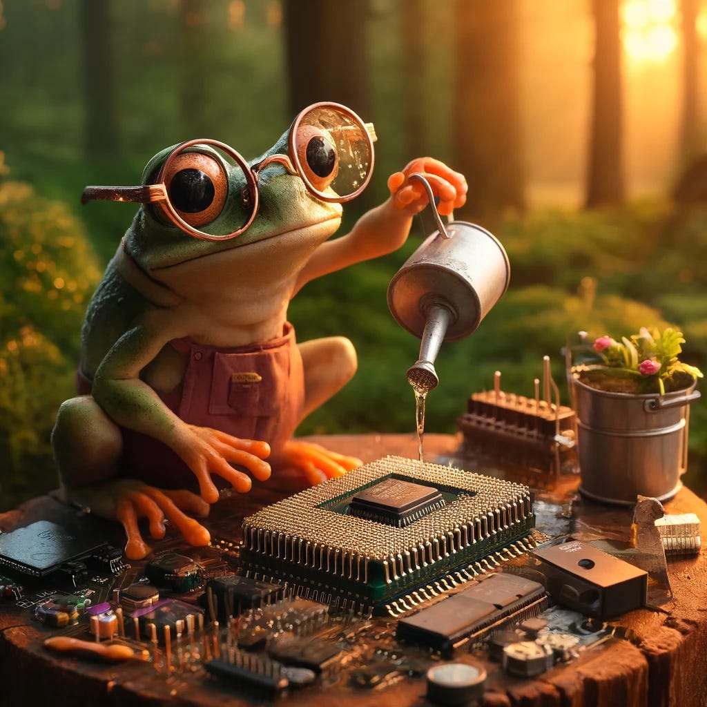 Imagine a whimsical yet detailed scene where a bespectacled frog, wearing thin round glasses and looking both intelligent and a tad humorous, is carefully pouring water from a small, old-fashioned metal watering can onto an overheating semiconductor. The semiconductor is visibly glowing with heat, placed on a miniature wooden table that looks slightly out of place in a natural setting. Surrounding the table, there's a variety of computer parts and tools, suggesting a makeshift outdoor electronics workshop. The frog stands on its hind legs, focused and determined, yet there's a lightness to its posture that adds a playful charm to the scene. In the background, hints of a dense, vibrant forest add a layer of intrigue, suggesting this unusual tech repair is happening in a hidden, magical part of the woods. The lighting should suggest late afternoon, with warm sunlight filtering through the trees, casting gentle shadows and giving the entire scene a soft, golden hue. The overall atmosphere should balance between the technical and the whimsical, showcasing a moment of unexpected tech support in the heart of nature. Image size: 1024x1024.