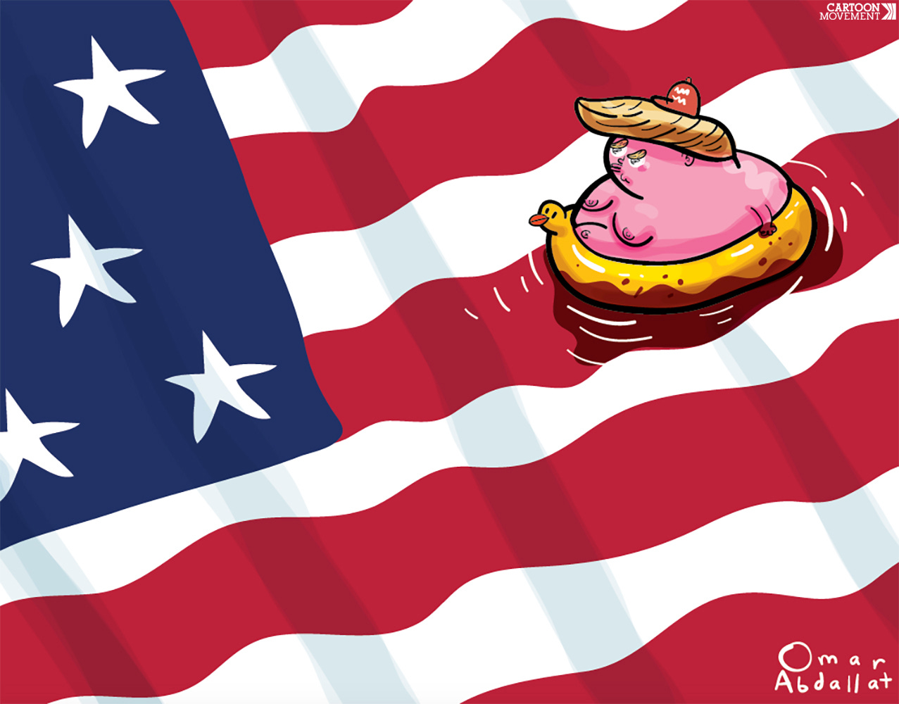 Cartoon showing the US flag. The red stripes in the flag are blood and Trump is floating in an inflatable tyre in the shape of a yellow rubber duck.