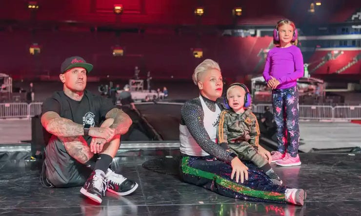 Pink at rehearsals with husband Carey Hart and their children Jameson and Willow
