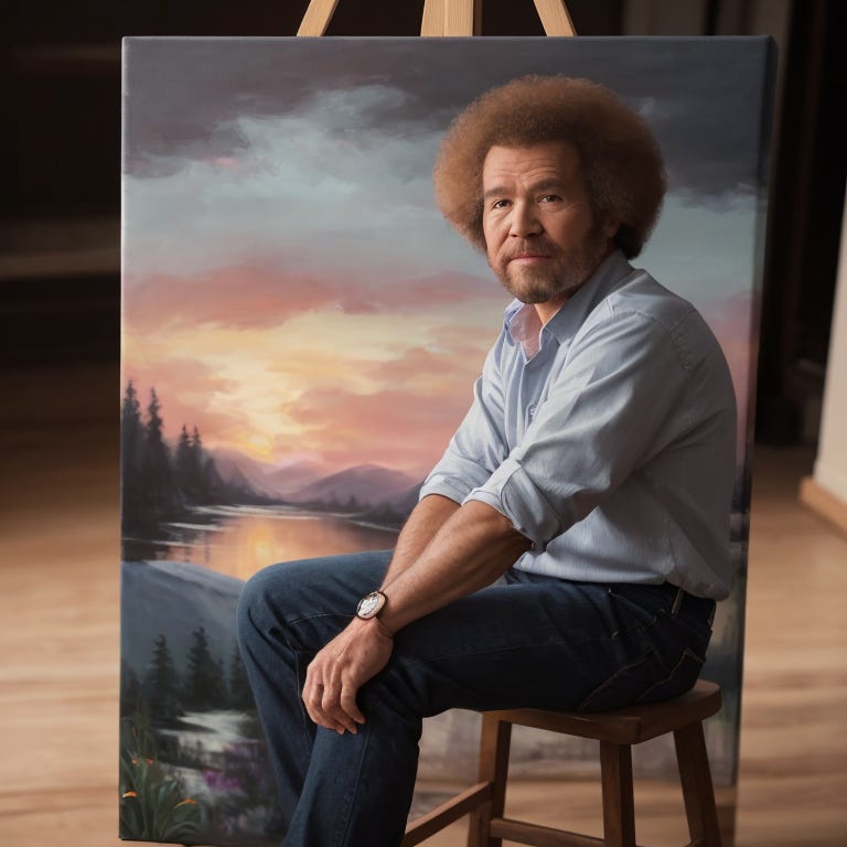 r/StableDiffusion - Confused Bob Ross, he doesn't know whether to be inside his painting or in front of it