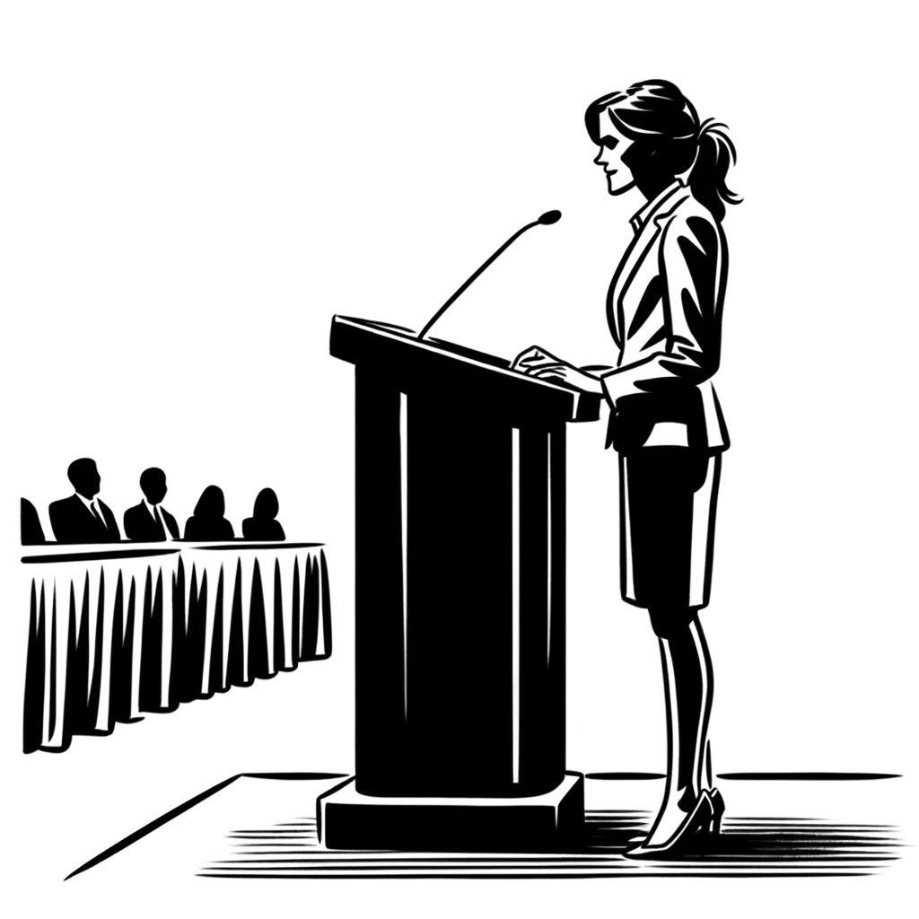 Žena přednáší u řečnického pultíku před posluchači