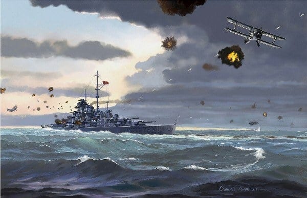Bismarck attacked by Swordfish torpedo planes from aircraft carrier Ark ...
