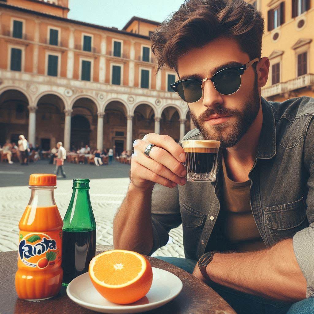 italian man drinking espresso and fanta in an italian piazza