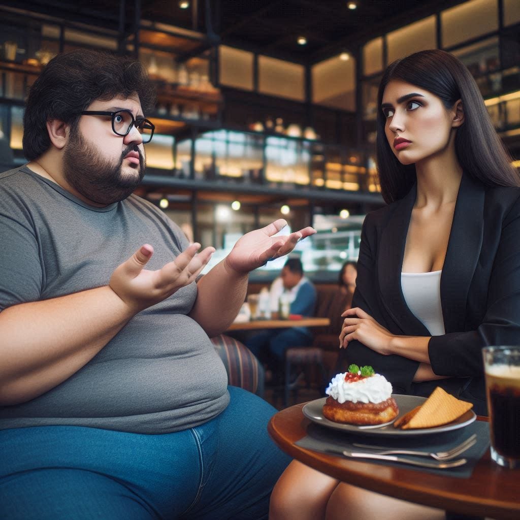 an overweight man is sitting in restaurant pontificating to a slender, average woman who is listening to him with an annoyed expression on her face.