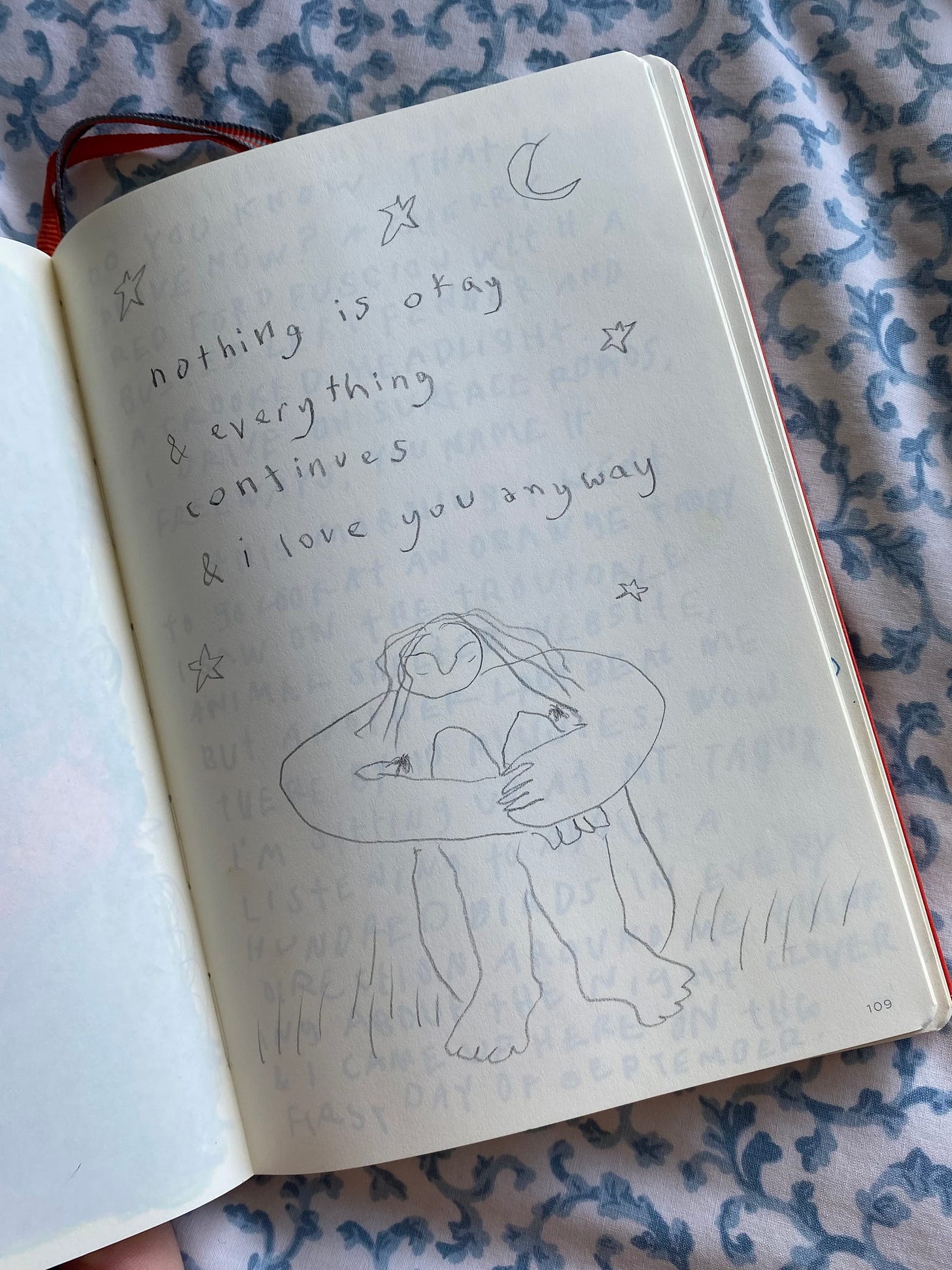 photo of a page from Sage’s journal, which has a drawing of a figure sitting in grass under the moon with their eyes closed and knees up to their chest. above the figure is a poem Sage wrote that reads, “nothing is okay / & everything continues / & i love you anyway”