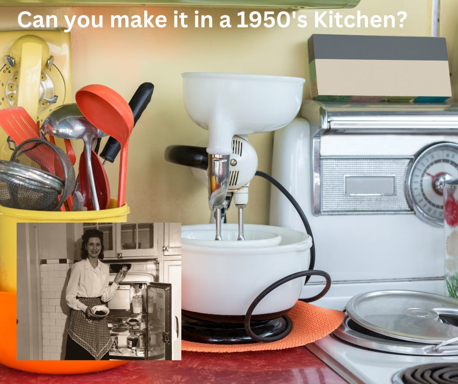 Bright 1950's kitchen with a black and white inset of a woman in an apron holding a bowl