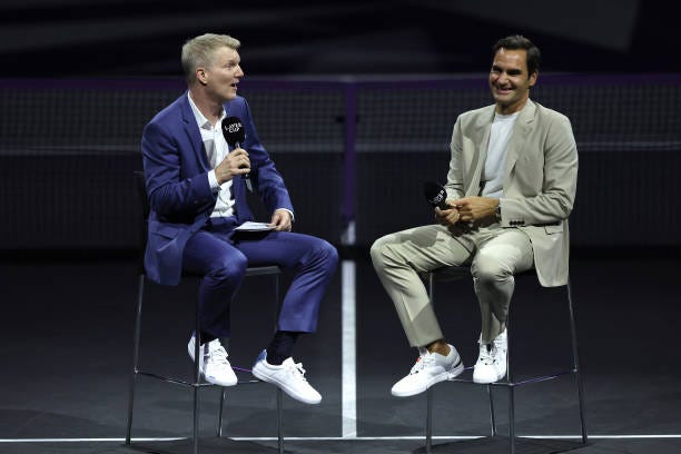 Former ATP player Jim Courier interviews former ATP play Roger Federer during day one of the Laver Cup at Rogers Arena on September 22, 2023 in...