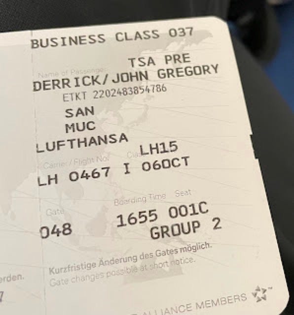 Business Class boarding pass for Lufthansa flight from San Diego to Munich