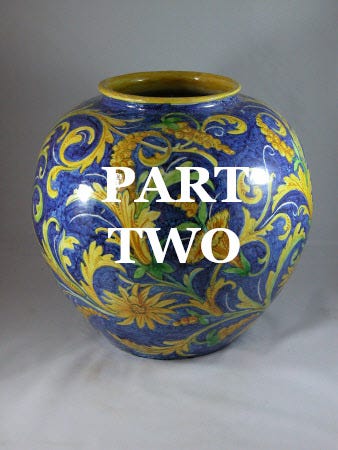 Roundish blue vase with plant motif in yellow and green with Part Two written across the photo.