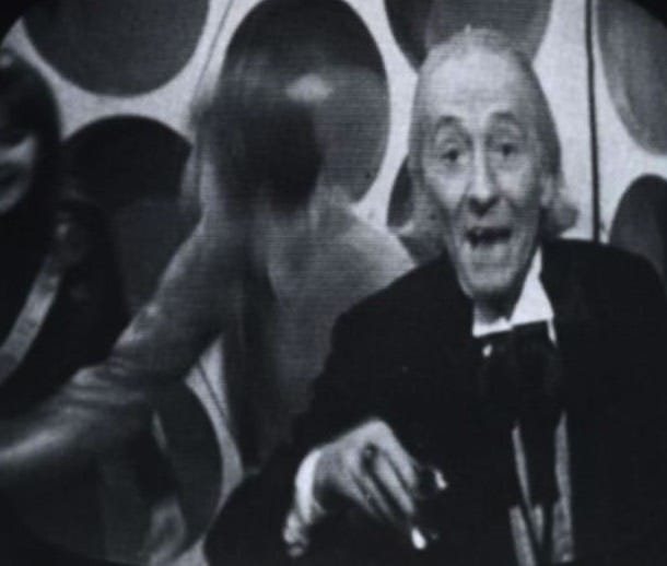 An image of William Hartnell addressing the viewer in The Feast of Steven (1965)