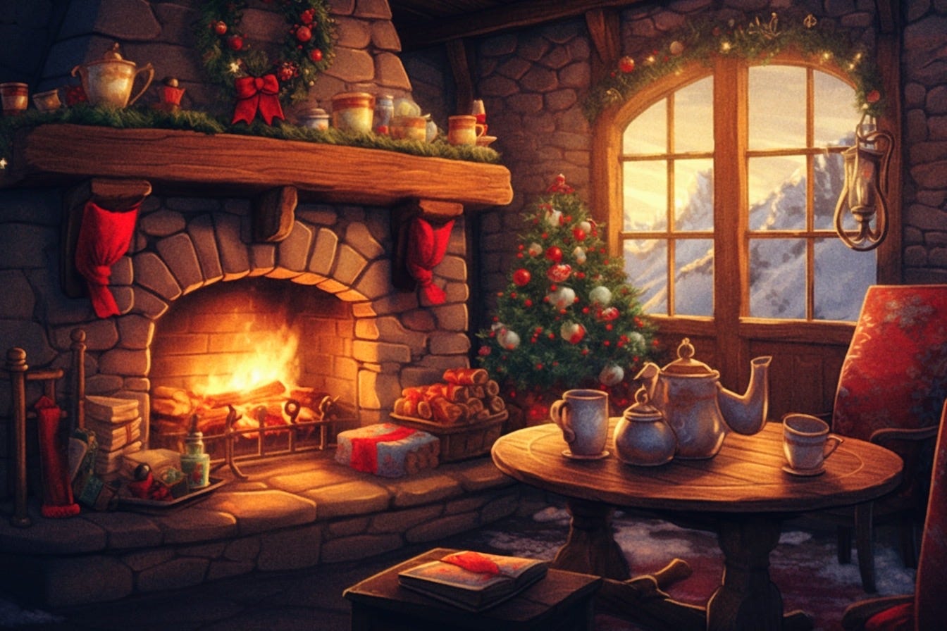 An illustration of a cozy holiday chalet. There is a stone fireplace decorated for Christmas, a stuffed chair, and a table with a tea pot and cups on it. There is a small Christmas tree by the windowed double doors that look out on snowy rocky mountains.