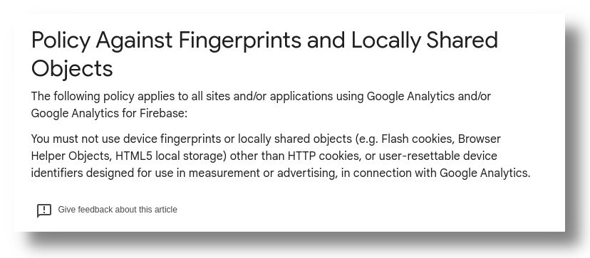 Google's policy on device fingerprinting when using Google Analytics