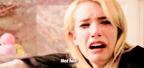 a white woman with mascara running down her face as she cries exaggeratingly, the caption reads "not fair."