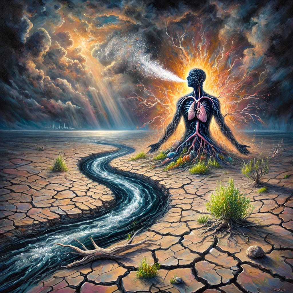 A dramatic and expressive oil painting symbolizing toxemia and its impact on the body. The scene features a surreal depiction of a dark, turbulent river winding through a barren, cracked landscape, representing the accumulation of toxins. The river emits faint, glowing wisps, symbolizing the body's efforts to eliminate waste. In the background, stormy skies with faint streaks of light breaking through suggest hope and the body's natural healing power. Scattered plants struggle to grow but show resilience, representing the fight for balance and health. The painting uses bold, contrasting colors and expressive strokes to convey tension and renewal.