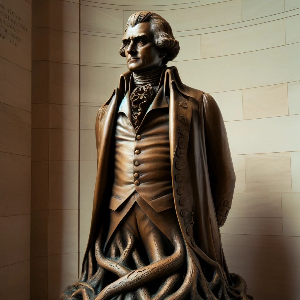 A statue resembling Thomas Jefferson stands in the corner of the image, appearing dignified and prominent. The attire reflects the late 18th century fashion, with a long coat, waistcoat, and breeches, capturing the essence of a statesman from that era. His hair is styled in a manner characteristic of a gentleman of the period, neatly tied back. The facial features are more distinctly Jeffersonian, with a strong jawline, a determined gaze, and the nuanced expression of intelligence and resolve. The statue's base transforms seamlessly into intertwining tree roots, symbolizing a connection to nature and growth from the earth. This setting is kept neutral to highlight the detailed craftsmanship of the statue and its unique base.