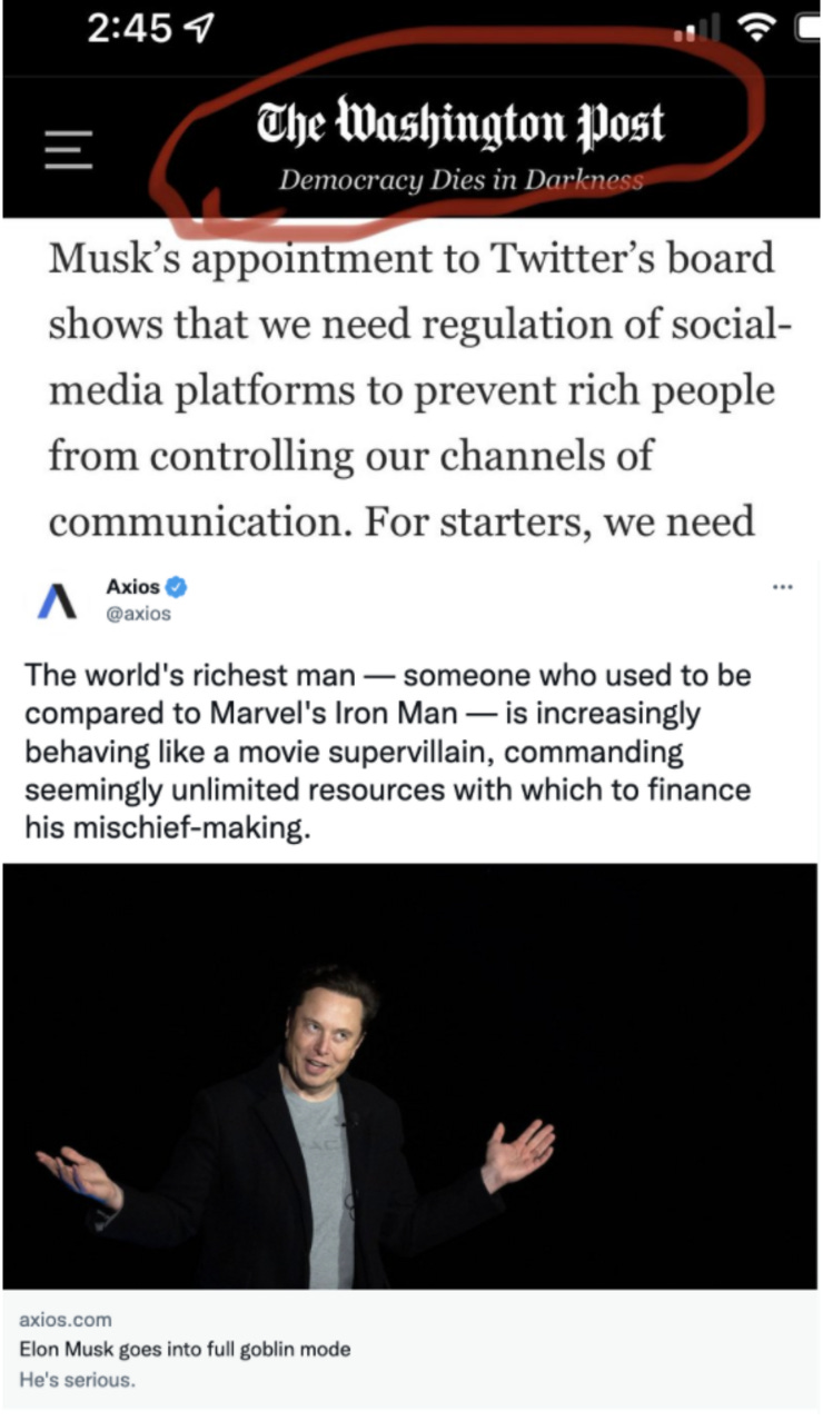 The Washington post, owned by billionaire Jeff Bezos, has become concerned with the consequences of allowing rich people to control the media, while a writer from Axios compared Elon to a 