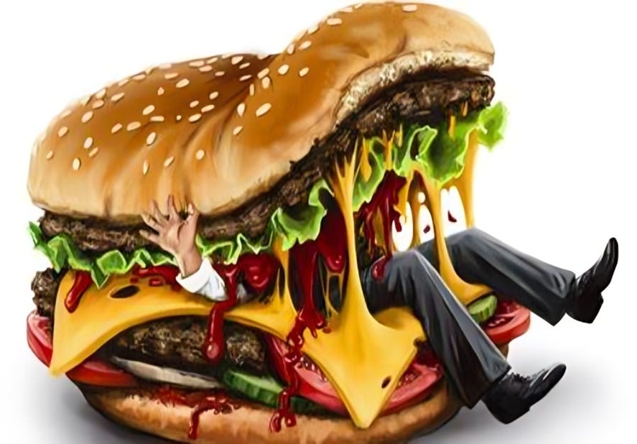 A giant cheeseburger swallowing a person, representing how processed foods dominate and overwhelm consumers.