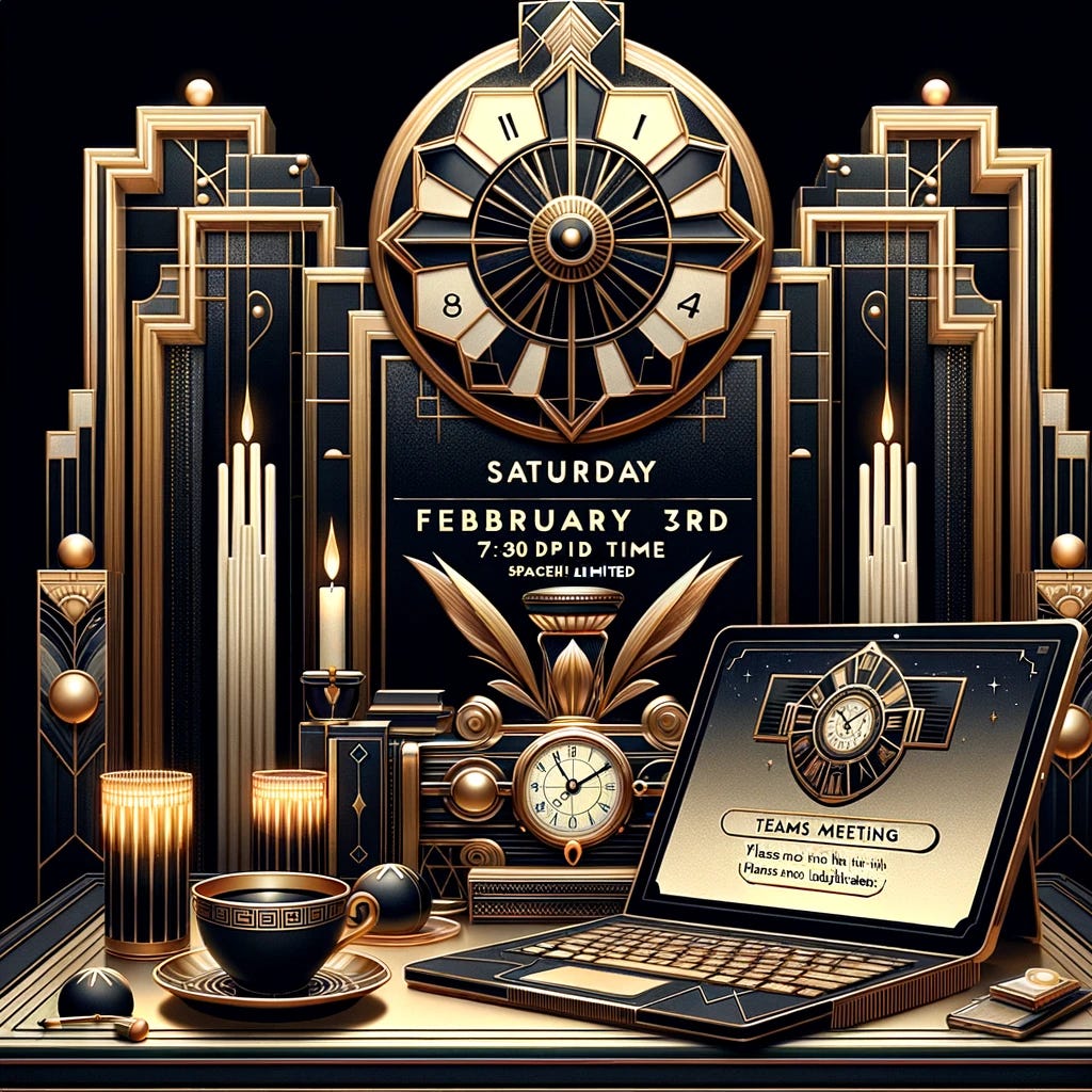 Create a stylized, Art Deco-inspired illustration for a virtual book club meeting announcement. The scene features a sleek, geometric digital calendar marking Saturday, February 3rd, at 7:00 PM (Madrid time) and a matching Art Deco-style clock. An elegantly designed laptop is open on a sophisticated table, showing a Teams meeting invitation. Surrounding the laptop, we see stylized coffee cups and geometrically shaped books, all infused with the luxurious and ornamental details characteristic of Art Deco. The colors are rich and bold, with gold, black, and jewel tones dominating the palette. A decorative note reminds, "Please do not share the link with non-subscribers; space is limited," blending seamlessly with the overall Art Deco aesthetic. This illustration embodies the elegance and exclusivity of the event, inviting viewers into a world of intellectual discussion with a vintage, glamorous twist.