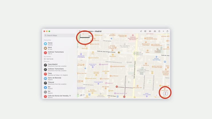 Escala, representación de la ciudad y señalización cardinal en Apple Maps