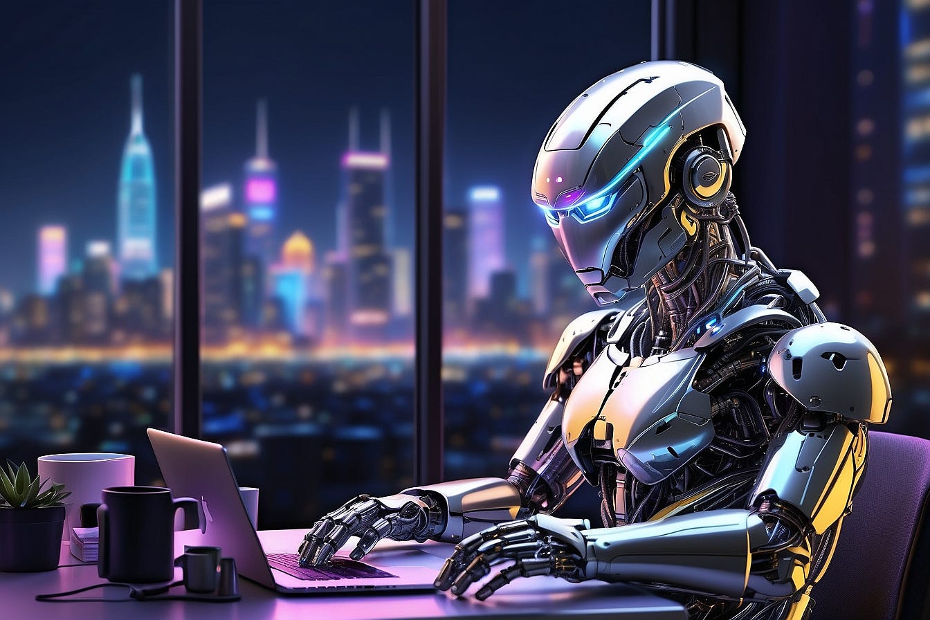 A sleek, metallic robot sits at a desk, its mechanical fingers typing away at a complex business plan. The neon lights of the city skyline reflect off its shiny exterior, giving it an otherworldly glow.