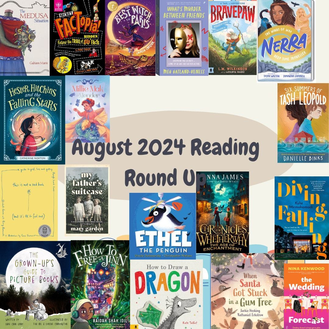 : A beige square with 19 colourful book covers in a range of genres and audience groups. It has black text in the middle that says August Reading Round Up.