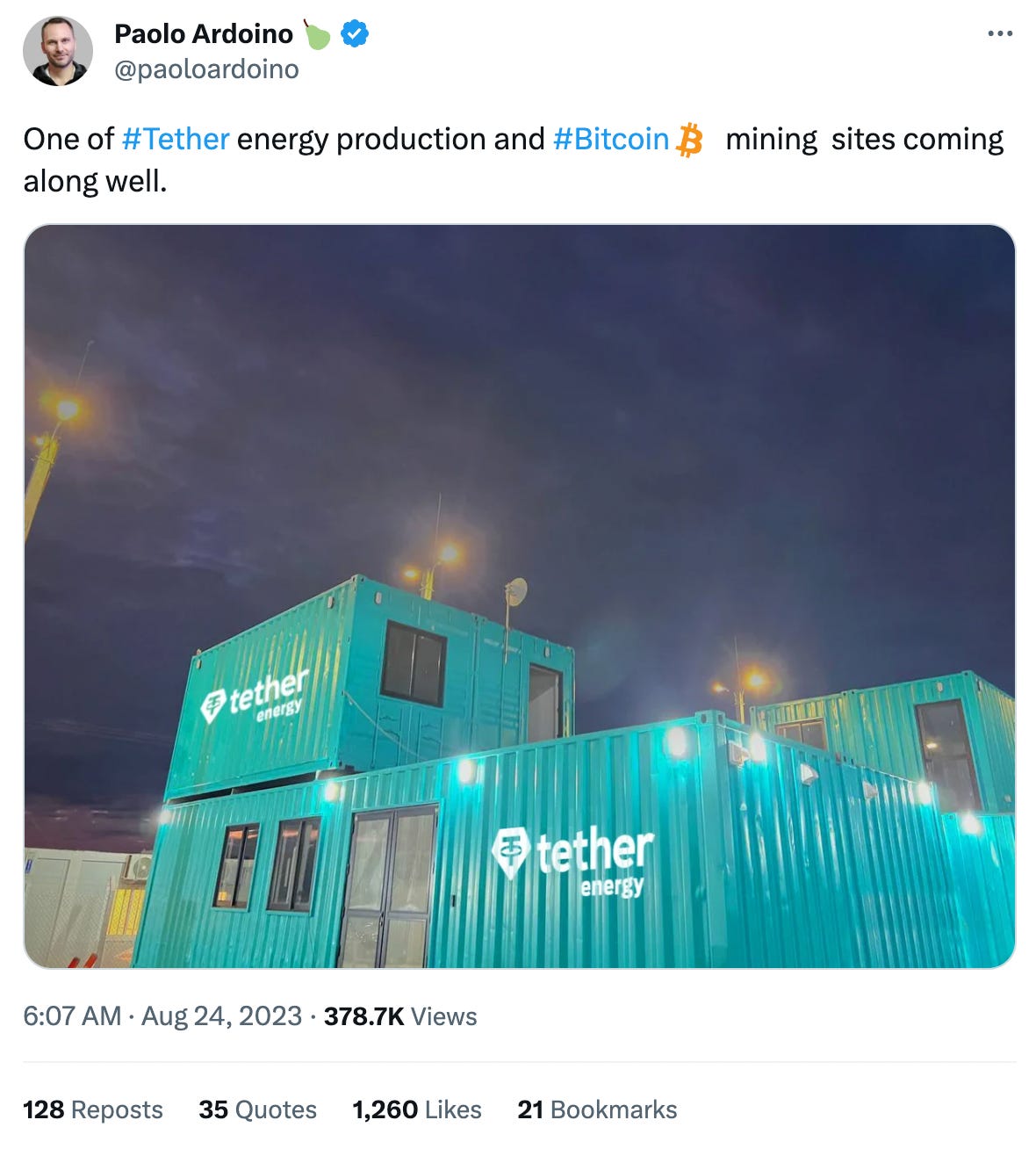 Tweet by Paolo Ardoino: "One of #Tether energy production and #Bitcoin mining sites coming along well." The tweet includes a photo of a green building appeared to be made from a shipping container, with the Tether logo amateurishly photoshopped on the side. Tweet by Paolo Ardoino: "One of #Tether energy production and #Bitcoin mining sites coming along well." The tweet includes a photo of a green building appeared to be made from a shipping container, with the Tether logo amateurishly photoshopped on the side.